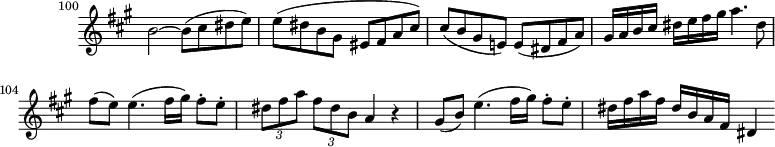 \version "2.18.2"
\header {
tagline = ##f
% composer = "Mozart"
% opus = "K. 622"
% meter = "Allegro"
}
\score {
<<
\relative c'' {
\key a \major
\time 4/4
\override TupletBracket #'bracket-visibility = ##f
\set Score.currentBarNumber = #100
\omit Staff.TimeSignature
\bar ""
\tempo 4 = 100
%%%%%% K622
b2~ b8( cis dis e) | e( dis b gis eis fis a cis) | cis( b gis e!) e( dis fis a) |
gis16 a b cis dis e fis gis a4. dis,8 fis( e) e4.( fis16 gis) fis8-. e-. \times 2/3 { dis8 fis a } \times 2/3 {fis dis b} a4 r4
gis8( b) e4.( fis16 gis) fis8-. e-. dis16 fis a fis dis b a fis dis4
}
>>
\layout {
#(layout-set-staff-size 17)
\context { \Score \remove "Metronome_mark_engraver"
\override SpacingSpanner.common-shortest-duration = #(ly:make-moment 1/2)
}
}
\midi { \set Staff.midiInstrument = #"clarinet" }
}