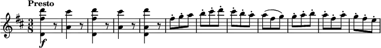 \relative c'' {
\version "2.18.2"
\key d \major
\tempo "Presto"
\time 3/8
<d, fis' d'>4\f r8
<a' cis'>4 r8
<d, fis' d'>4 r8
<a' cis'>4 r8
<d, a' d'>4 r8
fis'-. g-.-. a
b-. cis-. d-.
cis-. b-. a-.
a (fis g)
g-. a-. b-.
a-. fis-. a-.
g-. fis-. e-.
}