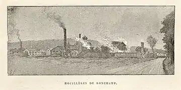 Gravure panoramique de bâtiments industriels.