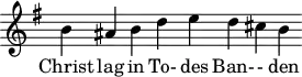 
\version "2.18.2"
\header {
  tagline = ##f
}
\score {
  \new Staff \with {
    \remove "Time_signature_engraver"
    \override Staff.TimeSignature.stencil = ##f

  }
<<
  \relative c'' {
    \key g \major
    \time 11/4
    \autoBeamOff

     %%% [[Antienne]] Vic- ti- mae pas- cha- li lau- des et choral
     
     b ais b d e d cis b

  }

  \addlyrics {
     Christ lag in To- des Ban- - den 
  }
>>
  \layout {
    \context {
      \remove "Metronome_mark_engraver"
    }
  }
  \midi {     \tempo 4 = 90 }
}
