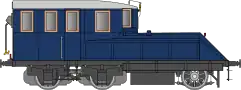 Locomotive au profil aérodynamique à l'avant et rectangulaire à l'arrière en livrée bleu foncé et toit gris clair.