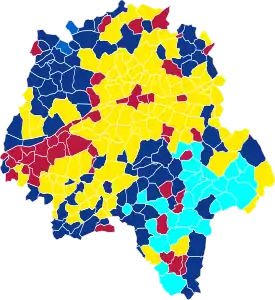 Nuance politique des candidats arrivés en tête dans chaque commune au 1er&nbsp;tour.