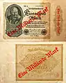 Billet de 1&nbsp;000 marks du 15 décembre 1922 contremarqué en rouge « 1 milliard de marks » durant l'automne 1923.