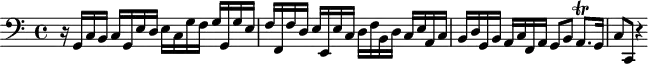 
\version "2.18.2"
\header {
  tagline = ##f
  % composer = "Johann Krieger"
  % opus = "Clavierübung, no. 25"
  % meter = ""
}

\score {
  \new Staff \with {

  }
<<
  \relative c {
    \clef bass
    \key c \major
    \time 4/4
    \tempo 4 = 78
    \set Staff.midiInstrument = #"church organ" 
    \override TupletBracket #'bracket-visibility = ##f 

     %%%% Incipit
     r16 g16 c b c g e' d e c g' f g g, g' e | f f, f' d e e, e' c d f b, d c e a, c | b d g, b a c f, a g8 b a8.\trill g16 | c8 c, r4 

  }
>>
  \layout {
      #(layout-set-staff-size 17)
     \context { \Score \remove "Metronome_mark_engraver" 
     \override SpacingSpanner.common-shortest-duration = #(ly:make-moment 1/2)
     }
  }
  \midi {}
}
