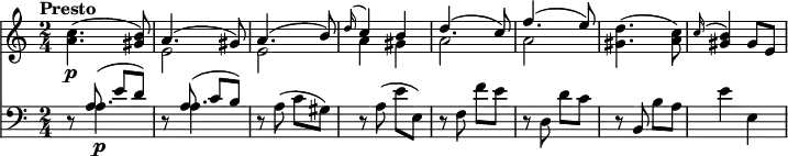 <<
\new Staff \relative c'' {
\version "2.18.2"
\clef "treble"
\tempo "Presto"
\key c \major
\time 2/4
\tempo 4 =180
<a c>4. \p (<gis b>8)
<< { \stemDown e2} \\ {\stemUp a4. ^(gis8)} >>
<< { \stemDown e2} \\ {\stemUp a4. ^( b8)} >>
<< { \stemDown a4 gis} \\ {\stemUp \grace d'16 ^(c4) b} >>
<< { \stemDown a2} \\ {\stemUp d4. ^(c8)} >>
<< { \stemDown a2} \\ {\stemUp f'4. ^( e8)} >>
<gis, d'>4. (<a c>8)
\grace c16 ^(<gis b>4) gis8 e
}
\new Staff \relative c' {
\clef "bass"
\key c \major
r8 << { \stemDown a4.\p} \\ {\stemUp a8 ^(e' d)} >>
r8 << { \stemDown a4.} \\ {\stemUp a8 ^(c b)} >>
r8 a (c gis)
r a (e' e,)
r f f'e
r d, d' c
r b, b' a
e'4 e,
}
>>