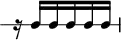 
\header {
  tagline = ##f
}

\score {
  \new RhythmicStaff {
    \time 3/8
    \numericTimeSignature
    \omit Staff.TimeSignature

   r16 c16[ c c c c] 

  }
  \layout {
   % indent = #0
  }
  \midi {}
}
