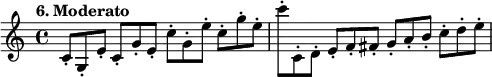 %etude6
\relative c'
{
\time 4/4
\tempo "6. Moderato"
\key c \major
c8*2/3-. g-. e'-. c-. g'-. e-. c'-. g-. e'-. c-. g'-. e-. | c'-. c,,-. d-. e-. f-. fis-. g-. a -. b-. c -. d-. e-.
}