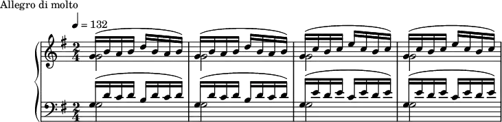 \version "2.18.2"
\header {
tagline = ##f
}
upper = \relative c'' {
\clef treble
\key g \major
\time 2/4
\tempo 4 = 132
%\autoBeamOff
%%Montgeroult — Étude 25 (pdf p. 68)
\repeat unfold 2 { << { g16( b a b d b a b) } \\ { g2 } >> }
\repeat unfold 2 { << { g16( c b c e c b c) } \\ { g2 } >> }
}
lower = \relative c {
\clef bass
\key g \major
\time 2/4
\repeat unfold 2 { << { g'16( d' c d b d c d) } \\ { g,2 } >> }
\repeat unfold 2 { << { g16( e' d e c e d e) } \\ { g,2 } >> }
}
\header {
piece = "Allegro di molto"
}
\score {
\new PianoStaff <<
\new Staff = "upper" \upper
\new Staff = "lower" \lower
>>
\layout {
\context {
\Score
}
}
\midi { }
}
