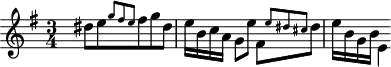 
\version "2.18.2"
\header {
  tagline = ##f
}

\score {
  \new Staff \with {

  }
<<
  \relative c' {
    \clef treble
    \key g \major
    \time 3/4
    \tempo 4 = 72
    \set Staff.midiInstrument = #"harpsichord" 
    \set Score.currentBarNumber = #26

     %% Prélude du CBT, BWV 884, sol majeur
     s8 dis'[ e \grace { \omit TupletNumber \times 2/3 { g8 fis e } } fis8 g dis] e16 b c a g8 e' \stemDown fis,[ \grace { \stemUp \omit TupletNumber \times 2/3 { e'8 dis cis } } \stemDown dis8] e16 b g b e,4~

  }
>>
  \layout {
     \context { \Score \remove "Metronome_mark_engraver" 
     \override SpacingSpanner.common-shortest-duration = #(ly:make-moment 2/3)
}
  }
  \midi {} 
}
