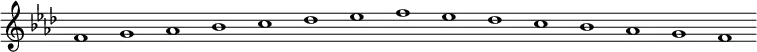 \new Staff {
\relative c' {
\key f \minor
\override Staff.TimeSignature #'stencil = ##f
\override Staff.BarLine #'stencil = ##f
f1 g as bes c des es f es des c bes as g f
}
}
\midi {
\context {
\Score
tempoWholesPerMinute = #(ly:make-moment 120 1)
}
}