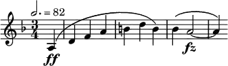 {
{ \time 3/4 \key f \major \partial 4 \tempo 2. = 82
{ a4\( \ff d' f' a' b' d'' b'\) | bes'\( a'2~ \fz | a'4 \) } }
}