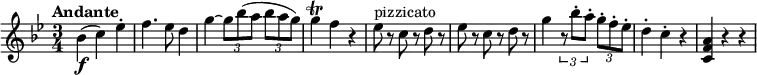 \relative c' {
\version "2.18.2"
\clef "treble"
\tempo "Andante"
\key bes \major
\time 3/4
bes'4 \f (c) ees -.
f4. ees8 d4
g4~ \tuplet 3/2 {g8 bes (a} \tuplet 3/2 {bes a g)}
g4 \trill f r4
ees8^\markup { pizzicato } r8 c r8 d r8
ees r8 c r8 d r8
g4 \tuplet 3/2 {r8 bes-. a-.} \tuplet 3/2 {g-. f-. ees-.}
d4-. c-. r4
<c, f a> r4 r4
}