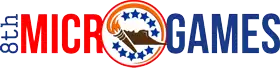 Logo avec du texte rouge et bleu et un médaillon orange, brun et bleu