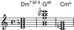 <<
\new ChordNames { \relative {
<d f aes c e>1 <g b d f aes bes cis ees>1 < c ees g b>1 }
}
\new Staff \relative c'{
<d f aes c e>1 <g b f' bes ees>1 < c, ees g b>1 }
>>