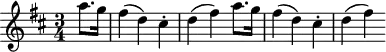 \header {
tagline = ##f
}
\score {
\new Staff \with {
}
<<
\relative c'' {
\key d \major
\time 3/4
\override TupletBracket #'bracket-visibility = ##f
%\autoBeamOff
%%%%%%%%%%%%%%%%%%%%%%%%%% K94/73h
\partial 4 a'8. g16 fis4( d) cis-. d( fis) a8. g16 fis4( d) cis-. d( fis)
}
>>
\layout {
\context {
\remove "Metronome_mark_engraver"
}
}
\midi {}
}