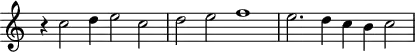 \header {
tagline = ##f
}
\score {
\new Staff \with {
\remove "Time_signature_engraver"
}
<<
\relative c'' {
\key c \major
%\clef bass
\time 4/2
\override TupletBracket #'bracket-visibility = ##f
%%% f° 105v
r4 c2 d4 e2 c d e f1 e2. d4 c b c2
}
>>
\layout {
\context { \Score \remove "Metronome_mark_engraver" }
}
\midi {}
}