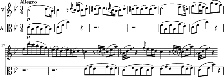 << \new Staff \with { instrumentName = #"V"}
\relative c'' {
\version "2.18.2"
\key bes \major
\tempo "Allegro"
\time 3/4
\tempo 4 = 120
\set Score.currentBarNumber = #11
bes2 \p (c8. a16)
bes4 r8 \grace c32 ( bes16) (a bes8) c-!
cis (d) d \grace c!32 (bes16) (a bes8) c-!
cis (d) cis (d) cis (d)
d2 (ees8. c!16)
f8. (g32 ees d8) bes'8 (a g)
f d' (c bes a g)
e (f) d (ees) cis (d)
c!4 r8 \acciaccatura {d32 c b} c8 (ees a)
bes,!32 (d f8.) r4 \grace g32 (f8) ees16 d
c4 r8
\acciaccatura {d32 c b} c8 (ees a)
bes,!32 (d f8.) r4
}
\new Staff \with { instrumentName = #"A "} \relative c' {
\key bes \major
\clef "alto"
d8 \p (bes d bes d bes)
d (f bes4) r
r2. r2.
f8 (bes, f' bes, g' ees)
d (f bes4) r r2. r2.
ees,8 (g ees g ees f)
d8 ( f d f d f)
ees (g ees g ees f)
d (f bes4) r
}
>>