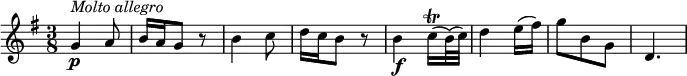\relative c' {
\version "2.18.2"
\key g \major
\time 3/8
g'4\p^\markup { \italic {Molto allegro}} a8
b16 a g8 r8
b4 c8
d16 c b8 r8
b4\f c16\trill (b32) (c)
d4 e16 (fis)
g8 b, g
d4.
}