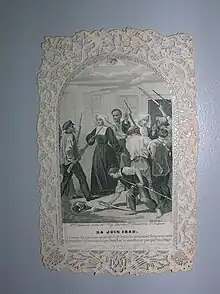 Image dentelle, vers 1 du XIXe siècle, illustré et estampé par de la Maison Bouasse-Lebel & Cie ; La scène représente des sœurs de Saint Vincent de Paul sauvant un officier de la garde mobile au faubourg Saint Marceimage dentelle, vers 1850, illustrée et estampée par de la Maison Bouasse-Lebel & Cie ; La scène représente des sœurs de Saint Vincent de Paul sauvant un officier de la garde mobile au faubourg Saint Marceau. Pièce conservée à la Bibliothèque du Saulchoirau. Pièce conservée à la Bibliothèque du Saulchoir