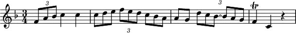 \header {
tagline = ##f
}
\score {
\new Staff \with {
}
<<
\relative c' {
\key f \major
\time 3/4
\override TupletBracket #'bracket-visibility = ##f
%\autoBeamOff
%%%%%%%%%%%%%%%%%%%%%%%%%% K15m
\times 2/3 { f8 a bes } c4 c \times 2/3 { c8 d e f e d c bes a } a8 g \times 2/3 { d'8 c bes~ bes a g } f4\trill c r4
}
>>
\layout {
\context {
\remove "Metronome_mark_engraver"
}
}
\midi {}
}