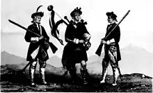 planche noir et blanc représentant 3 soldats écossais du XVIIIe siècle