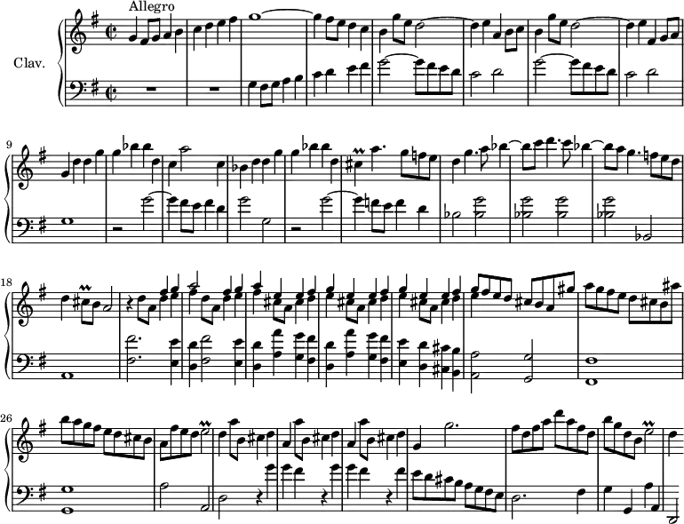 \version "2.18.2"
\header {
tagline = ##f
}
%% les petites notes
trillCis = { \tag #'print { cis4\prall } \tag #'midi { d32 cis d cis~ cis8 } }
trillCisq = { \tag #'print { cis8\prall } \tag #'midi { d32 cis d cis } }
trillE = { \tag #'print { e2\prall } \tag #'midi { fis32 e fis e~ e8~ e4 } }
upper = \relative c'' {
\clef treble
\key g \major
\time 2/2
\tempo 2 = 88
\set Staff.midiInstrument = #"harpsichord"
s8*0^\markup{Allegro}
g4 fis8 g a4 b | c d e fis | g1~ | g4 fis8 e d4 c | b g'8 e d2~ |
% ms. 6
d4 e a, b8 c | b4 g'8 e d2~ | d4 e fis, g8 a | g4 d' d g | g bes bes d, |
% ms. 11
c4 a'2 c,4 | bes d d g | g bes bes d, | \trillCis a'4. g8 f e | d4 g4. a8 bes4~ |
% ms. 16
bes8 c d4. c8 bes4~ | bes8 a g4. f8 e d | d4 \trillCisq b8 a2 | r4 << { s4 fis'4 g | a2 fis4 g | a e e fis } \\ { d8 a d4 e | fis d8 a d4 e | fis cis8 a cis4 d } >>
% ms. 22
\repeat unfold 2 { << { g4 e e fis } \\ { e4 cis8 a cis4 d } >> } << { g8 fis e d cis b a gis' } \\ { e4 } >> | a8 g fis e d cis b ais' |
% ms. 26
b8 a g fis e d cis b | a fis' e d \trillE | d4 a'8 b, cis4 d | \repeat unfold 2 { a4 a'8 b, cis4 d } |
% ms. 31
g,4 g'2. | fis8 d fis a d a fis d | b' g d b \trillE | d4 s4
}
lower = \relative c' {
\clef bass
\key g \major
\time 2/2
\set Staff.midiInstrument = #"harpsichord"
% **************************************
R1*2 | g4 fis8 g a4 b | c d e fis | \repeat unfold 2 { g2~ g8 fis e d |
% ms. 9
c2 d } | g,1 | r2 g'2~ g4 fis8 e fis4 d | g2 g, | r2 g'2~ | g4 f8 e f4 d | bes2 < bes g' >2 |
% ms. 16
q2 q | q bes,2 | a1 | < fis' fis' >2. < e e' >4 | < d d' >4 < fis fis' >2 < e e' >4 |
% ms. 21
\repeat unfold 2 { < d d' >4 < a' a' > < g g' > < fis fis' > } | < e e' > < d d' > < cis cis' > < b b' > | < a a' >2 < g g' >2 | < fis fis' >1 |
% ms. 26
< g g' >1 | a'2 a, | d2 \repeat unfold 2 { r4 g'4 | g fis } r4 fis4 |
% ms. 31
e8 d cis b a g fis e | d2. fis4 | g g, a' a, | d,2*1/2
}
thePianoStaff = \new PianoStaff <<
\set PianoStaff.instrumentName = #"Clav."
\new Staff = "upper" \upper
\new Staff = "lower" \lower
>>
\score {
\keepWithTag #'print \thePianoStaff
\layout {
#(layout-set-staff-size 17)
\context {
\Score
\override SpacingSpanner.common-shortest-duration = #(ly:make-moment 1/2)
\remove "Metronome_mark_engraver"
}
}
}
\score {
\keepWithTag #'midi \thePianoStaff
\midi { }
}
