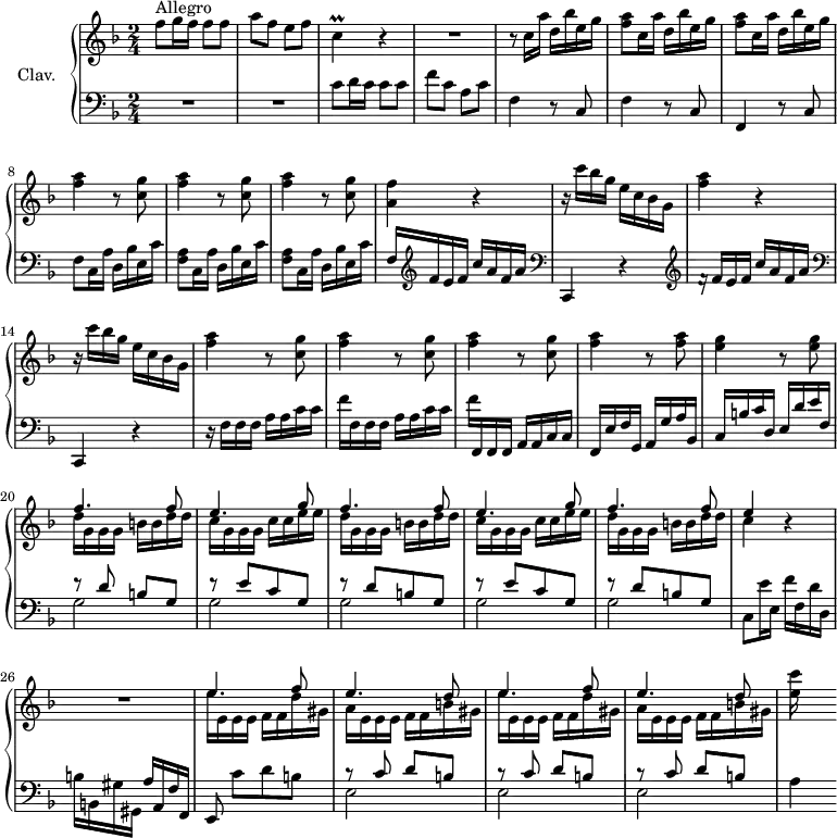 
\version "2.18.2"
\header {
  tagline = ##f
}

%% les petites notes
trillC     = { \tag #'print { c4\prall } \tag #'midi { d32 c d c~ c8 } }


upper = \relative c'' {
  \clef treble 
  \key f \major
  \time 2/4
  \tempo 4 = 98
  \set Staff.midiInstrument = #"harpsichord"

    f8^\markup{Allegro} g16 f f8 f | a f e f | \trillC r4 | R2 | r8 c16 a' d, bes' e, g | 
    % ms. 6
    \repeat unfold 2 { < f a >8 c16 a' d, bes' e, g } | \repeat unfold 3 { < f a >4 r8 < c g' > } | 
    % ms. 11
    < a f' >4 r4 | r16 c' bes g e c bes g | < f' a >4 r4 | r16 c' bes g e c bes g | \repeat unfold 3 { < f' a >4 r8 < c g' > } | < f a >4 r8 < f a >8 | < e g >4 r8 < e g >8 | << { f4. f8 } \\ { d16 g, g g  b b d d } >> | 
    % ms. 21
    \repeat unfold 2 { << { e4. g8 | f4. f8 } \\ { c16 g g g  c c e e | d16 g, g g  b b d d } >> } | << { e4 } \\ { c4 } >>  r4 | 
    % ms. 26
    R2 | \repeat unfold 2 { << { \mergeDifferentlyDottedOn e4. f8 | e4. d8 } \\ { e16 e, e e  f f d' gis, | a16 e e e  f f b gis } >> }
    % ms. 31
    < e' c' >16

}

lower = \relative c' {
  \clef bass
  \key f \major
  \time 2/4
  \set Staff.midiInstrument = #"harpsichord"

    % **************************************
     R2*2 | c8 d16 c c8 c | f c a c | f,4 r8 c8 | 
     % ms. 6
     f4 r8 c8 | f,4 r8 c'8 | f8 c16 a' d, bes' e, c' | \repeat unfold 2 { < f, a >8 c16 a' d, bes' e, c' } | 
     % ms. 11
      f,16 \clef treble f' e f c' a f a | \clef bass c,,,4 r4 \clef treble | f''16\rest f16 e f c' a f a |   \clef bass c,,,4 r4 | r16 f'16 f f a a c c |
     % ms. 16 
     f16 f, f f a a c c | \stemDown f \stemUp f,, f f a a c c | f, e' f g, a g' a bes, | c b' c d, e d' e f, | << { r8 d'8 b g } \\ { g2 } >> | 
     % ms. 21
     \repeat unfold 2 { << { r8 e'8[ c g] | r8 d'8[ b g] } \\ { g2 | g } >> } | \stemNeutral  \tempo 4 = 60 c,8  \tempo 4 = 98 e'16 e, f' f, d' d, | 
     % ms. 26
     b'16 b, gis' gis, a' a, f' f, | e8 c''[ d b] | \repeat unfold 3 { << { r8 c8 d b } \\ { e,2 } >> } |
     % ms. 31
     a4

}

thePianoStaff = \new PianoStaff <<
    \set PianoStaff.instrumentName = #"Clav."
    \new Staff = "upper" \upper
    \new Staff = "lower" \lower
  >>

\score {
  \keepWithTag #'print \thePianoStaff
  \layout {
      #(layout-set-staff-size 17)
    \context {
      \Score
     \override SpacingSpanner.common-shortest-duration = #(ly:make-moment 1/2)
      \remove "Metronome_mark_engraver"
    }
  }
}

\score {
  \keepWithTag #'midi \thePianoStaff
  \midi { }
}

