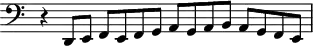 
\header {
  tagline = ##f
}

\score {
  \new Staff \with {
     \remove "Time_signature_engraver"
  }
<<
  \relative c {
    \key c \major
    \clef bass
    \time 2/1
    \override TupletBracket #'bracket-visibility = ##f 

     %%% f° 58v-59
     r4 d,8[ e] f[ e f g] a[ g a b] a g f e

  }
>>
  \layout {
     \context { \Score \remove "Metronome_mark_engraver" }
  }
  \midi {}
}
