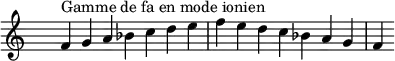 \relative c' {
\clef treble \time 7/4 \hide Staff.TimeSignature f4^\markup { Gamme de fa en mode ionien } g a bes c d e f e d c bes a g f
}