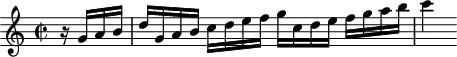
\header {
  tagline = ##f
}

\score {
  \new Staff \with {

  }
<<
  \relative c'' {
    \key c \major
    \time 2/2
    \override TupletBracket #'bracket-visibility = ##f 
    \autoBeamOff

     %%%%%%%%%%%%%%%%%%%%%%%%%% K14
    \partial 4 r16 g16[ a b] d[ g, a b] c[ d e f] g[ c, d e] f[ g a b] c4
    
  }
>>
  \layout {
    \context {
      \remove "Metronome_mark_engraver"
    }
  }
  \midi {}
}
