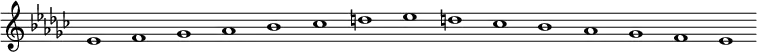 \new Staff {
\relative c' {
\key es \minor
\override Staff.TimeSignature #'stencil = ##f
\override Staff.BarLine #'stencil = ##f
es1 f ges as bes ces d es d ces bes as ges f es
}
}
\midi {
\context {
\Score
tempoWholesPerMinute = #(ly:make-moment 120 1)
}
}