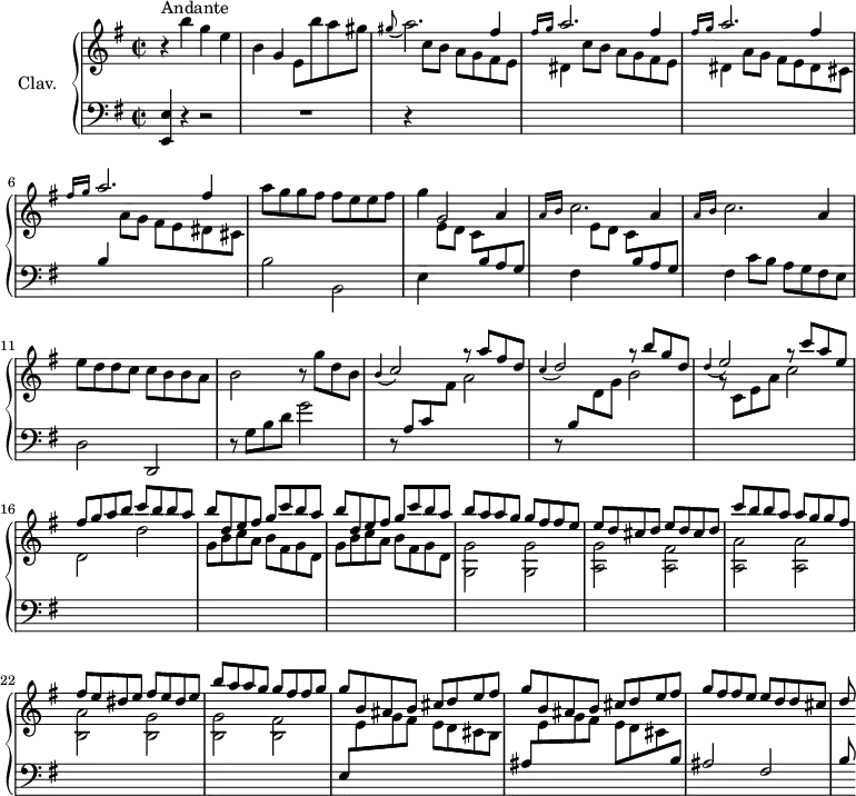 \version "2.18.2"
\header {
tagline = ##f
% composer = "Domenico Scarlatti"
% opus = "K. 232"
% meter = "Andante"
}
%% les petites notes
%trillBesp = { \tag #'print { bes4.\prall } \tag #'midi { c32 bes c bes~ bes4 } }
upper = \relative c'' {
\clef treble
\key e \minor
\time 2/2
\tempo 2 = 72
\set Staff.midiInstrument = #"harpsichord"
\override TupletBracket.bracket-visibility = ##f
s8*0^\markup{Andante}
r4 b'4 g e | b g e8 b'' a gis | \appoggiatura gis8 a2. \stemUp fis4 | \repeat unfold 3 { \grace { \tempo 2 = 30 fis16 g } \tempo 2 = 72 a2. \stemUp fis4 } \stemNeutral
% ms. 7
a8 g g fis fis e e fis | g4 g,2 a4 |
% ms. 9
\repeat unfold 2 { \grace { \tempo 2 = 30 a16 b } \tempo 2 = 72 c2. a4 } | e'8 d d c c b b a | b2 r8 g'8 d b |
% ms. 13
\appoggiatura b4 \stemUp c2 g'8\rest a8 fis d | \appoggiatura c4 d2 g8\rest b8 g d | \appoggiatura d4 e2 g8\rest c8 a e | fis g a b c b b a |
% ms. 17
\repeat unfold 2 { b8 d, e fis g c b a } | b a a g g fis fis e | \repeat unfold 2 { e d cis d }
% ms. 21
c'8 b b a a g g fis| \repeat unfold 2 { fis e dis e } | b'8 a a g g fis fis g | \repeat unfold 2 { g b, ais b cis d e fis } |
% ms. 26
g8 fis fis e e d d cis | d
% ms. 29
}
lower = \relative c' {
\clef bass
\key e \minor
\time 2/2
\set Staff.midiInstrument = #"harpsichord"
\override TupletBracket.bracket-visibility = ##f
% ************************************** \appoggiatura a16 \repeat unfold 2 { } \times 2/3 { } \omit TupletNumber
< e,, e' >4 r4 r2 | R1 | r4 \stemDown \change Staff = "upper" \repeat unfold 2 { c'''8 b a g fis e |
% ms. 5
dis4 } a'8 g fis e dis cis | \stemUp \change Staff = "lower" b4 \stemDown \change Staff = "upper" a'8 g fis e dis cis | \stemNeutral \change Staff = "lower" b2 b,2 | e4 \repeat unfold 2 { \stemDown \change Staff = "upper" e'8 d c \stemNeutral \change Staff = "lower" b a g |
% ms. 9
fis4 } c'8 b a g fis e | d2 d, | r8 g'8 b d g2 |
% ms. 13
r8 a,8 c \stemDown \change Staff = "upper" fis a2 | \stemUp \change Staff = "lower" r8 b,8 \stemDown \change Staff = "upper" d g b2 | r8 c,8 e a c2 | d, d' |
% ms. 17
\repeat unfold 2 { g,8 b c a b fis g d } | < g, g' >2 q | < a g' > < a fis' >
% ms. 21
< a a' >2 q | < b a' > < b g' > | q < b fis' > | \stemUp \change Staff = "lower" e,8 \stemDown \change Staff = "upper" e' g fis e d cis b |
% ms. 25
\stemUp \change Staff = "lower" ais8 \stemDown \change Staff = "upper" e' g fis e d cis \stemUp \change Staff = "lower" b | ais2 fis | b8
% ms. 29
}
thePianoStaff = \new PianoStaff <<
\set PianoStaff.instrumentName = #"Clav."
\new Staff = "upper" \upper
\new Staff = "lower" \lower
>>
\score {
\keepWithTag #'print \thePianoStaff
\layout {
#(layout-set-staff-size 17)
\context {
\Score
\override SpacingSpanner.common-shortest-duration = #(ly:make-moment 1/2)
\remove "Metronome_mark_engraver"
}
}
}
\score {
\keepWithTag #'midi \thePianoStaff
\midi { }
}