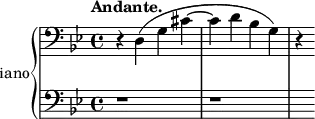 \new PianoStaff \with {
instrumentName = "Piano"
} <<
\new Staff = "right" \with {
midiInstrument = "acoustic grand"
} {
\clef bass \relative c' {
\key bes \major
\time 4/4
\tempo "Andante."
r4 d,( g cis ~ cis d bes g) r
}
}
\new Staff = "left" \with {
midiInstrument = "acoustic grand"
} {
\clef bass \relative c' {
\key bes \major
\time 4/4
\tempo "Andante."
r1 r1 s4
}
}
>>