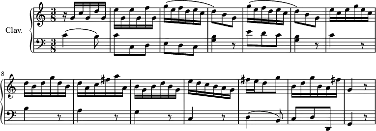 
\version "2.18.2"
\header {
  tagline=##f
}
upper=\relative c'' {
  \clef treble 
  \key c \major
  \time 3/8
  \tempo 4.=92
  \tempo "Con brio"
  \set Staff.midiInstrument=#"harpsichord"

  r16 g c g d' g,|e' g, e' g, f' g,|\repeat unfold 2 { g'16( e f d e c|d8) b g }
  e'16 c e g e c d b d g d b d a c fis a a, b g b d b g e' d c b a g fis' e d8 g b,16 d g b, a fis' g,4 r8

}

lower=\relative c' {
  \clef bass
  \key c \major
  \time 3/8
  \set Staff.midiInstrument=#"harpsichord"
   
   c4( b8)|c8 c, d|e d c < g' b >4 r8|e'8 d c < g b >4 r8
   c4 r8 b4 r8 a4 r8 g4 r8 c,4 r8 d4( b8) c d d, g4 r8
}

\score {
  \new PianoStaff <<
    \set PianoStaff.instrumentName=#"Clav."
    \new Staff="upper" \upper
    \new Staff="lower" \lower
  >>
  \layout {
    \context {
      \Score
      \remove "Metronome_mark_engraver"
    }
  }
  \midi { }
}

