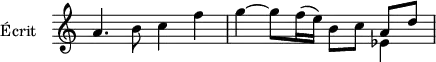 \version "2.18.2"
\header {
tagline = ##f
}
\score {
\new Staff \with {
\remove "Time_signature_engraver"
instrumentName = #"Écrit "
}
\relative c'' {
\time 2/2
\tempo 4 = 92
\clef treble
\override Rest #'style = #'classical
%% ********************************************** %%%%%%%%%%%%%%%%%%%
%% A T T E N T I O N LES R O B O T S %%%%%%%%%%%%%%%%%%%
%% NE PAS TOUCHER LE CODE QUI SUIT
% LA SYNTAXE LILYPOND EST CORRECTE
% CE N'EST PAS DE LA PONCTUATION FRANÇAISE !!! %%%%%%%%%%%%%%%%%%%
% CE N'EST PAS DE LA PONCTUATION FRANÇAISE !!! %%%%%%%%%%%%%%%%%%%
% CE N'EST PAS DE LA PONCTUATION FRANÇAISE !!! %%%%%%%%%%%%%%%%%%%
%% ********************************************** %%%%%%%%%%%%%%%%%%%
\set Staff.keySignature = #`(((0 . 10) . ,SHARP)
((0 . 11) . ,SHARP)
((0 . 3) . ,FLAT)
((0 . 4) . ,FLAT))
a4. b8 c4 f | g~ g8 f16( e) b8 c
<< { a d } \\ { ees,4 } >>|
}
\layout {
\context {
\Score
\remove "Metronome_mark_engraver"
}
}
\midi {}
}