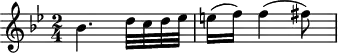 \header {
tagline = ##f
}
\score {
\new Staff \with {
}
<<
\relative c'' {
\key bes \major
\time 2/4
\override TupletBracket #'bracket-visibility = ##f
%\autoBeamOff
%%%%%%%%%%%%%%%%%%%%%%%%%% K9&/5a
bes4. d32 c d ees
e16 (f) f4 (fis8)
}
>>
\layout {
\context {
\remove "Metronome_mark_engraver"
}
}
\midi {}
}