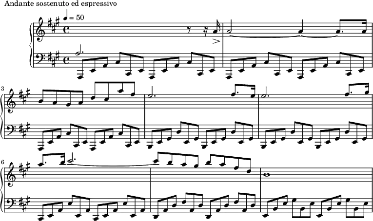 \version "2.18.2"
\header {
tagline = ##f
}
upper = \relative c'' {
\clef treble
\key a \major
\time 4/4
\tempo 4 = 50
%\autoBeamOff
%%Montgeroult — Étude 110 (pdf p. 192)
\stemUp \change Staff = "lower" a,2. \change Staff = "upper" r8 r16 a'16\> a2~\! a4~ a8. a16 b8 a gis a d cis a' fis e2. fis8. e16 e2. fis8. gis16 a8. b16 cis2.~ cis8 b a gis b a fis d b1
}
lower = \relative c {
\clef bass
\key a \major
\time 4/4
\omit TupletNumber \repeat unfold 6 { \times 2/3 { a,8 e' a } \times 2/3 { cis cis, e } }
\repeat unfold 4 { \times 2/3 { b e gis } \times 2/3 { d' e, gis } }
\repeat unfold 2 { \times 2/3 { cis, e a } \times 2/3 { e' e, a } }
\repeat unfold 2 { \times 2/3 { d, a' d } \times 2/3 { fis a, d } }
\repeat unfold 2 { \times 2/3 { e, b' e } \times 2/3 { gis b, e } }
}
\header {
piece = "Andante sostenuto ed espressivo"
}
\score {
\new PianoStaff <<
\new Staff = "upper" \upper
\new Staff = "lower" \lower
>>
\layout {
\context {
\Score
}
}
\midi { }
}