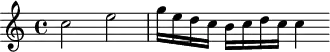 
\header {
  tagline = ##f
}

\score {
  \new Staff \with {

  }
<<
  \relative c'' {
    \key c \major
    \time 4/4
    \override TupletBracket #'bracket-visibility = ##f 
    \autoBeamOff

     %%%%%%%%%%%%%%%%%%%%%%%%%% K5a
     c2 e g16[ e d c] b[ c d c] c4

  }
>>
  \layout {
    \context {
      \remove "Metronome_mark_engraver"
    }
  }
  \midi {}
}
