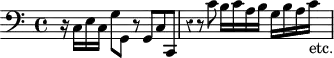 \version "2.14.2"
\header {
tagline = ##f
}
\score {
\new Staff \with {
% \remove "Time_signature_engraver"
% instrumentName = #"BuxWV 161 "
}
\relative c {
\key c \major
\time 4/4
\tempo 4 = 60
%\autoBeamOff
\clef bass
\override Rest #'style = #'classical
r16 \stemDown c16 e c g'8 g, r8 \stemUp g c c, | r4 r8 \stemDown c''8 b16 c a b g b a c-"etc."
}
\layout {
#(layout-set-staff-size 17)
\context {
\Score
\remove "Metronome_mark_engraver"
\override SpacingSpanner.common-shortest-duration = #(ly:make-moment 1/2)
}
}
\midi { \set Staff.midiInstrument = #"church organ"}
}