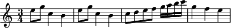 \header {
tagline = ##f
}
\score {
\new Staff \with {
}
<<
\relative c'' {
\key c \major
\time 3/4
\override TupletBracket #'bracket-visibility = ##f
%\autoBeamOff
%%%%%%%%%%%%%%%%%%%%%%%%%% K15f
e8 g c,4 b e8 g c,4 b c8 d e f g16 a b c g4 f e
}
>>
\layout {
\context {
\remove "Metronome_mark_engraver"
}
}
\midi {}
}