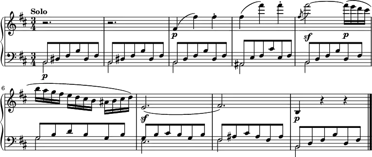 \new PianoStaff <<
\new Staff = "up" \relative c' {
\clef treble
\key b \minor
\time 3/4
\tempo "Solo"
r2. r2.
fis4
\p (fis') fis-. |
fis (fis') fis-. |
\slashedGrace fis,8 (fis'2~ \sf) fis16 \p (e d cis |
b a g fis e d cis b ais b cis d) |
e,2. \sf (|
fis) |
b,4 \p r4 r4 |
\bar "|."
}
\new Staff = "down" \relative c {
\clef bass
\time 3/4
\key b \minor
\mergeDifferentlyHeadedOn
<<{b8 \p dis8 fis b dis, fis } \\ {b,2 } >> |
<<{b8 dis8 fis b dis, fis } \\ {b,2 } >> |
<<{b8 d8 fis b d, fis } \\ {b,2 } >> |
<<{ais8 e'8 fis cis' e, fis } \\ {ais,2 } >> |
<<{b8 d8 fis b d, fis } \\ {b,2 } >> |
<<{g'8 b d b g b } \\ {g2 } >> |
<<{g8 b cis b g b } \\ {e,2. } >> |
<<{fis8 ais cis ais fis ais } \\ {fis2 } >> |
<<{b,8 d8 fis b d, fis } \\ {b,2 } >> |
\bar "|."
}
>>