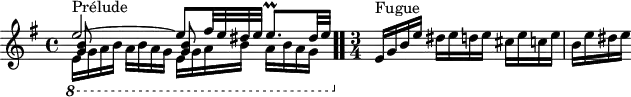 \version "2.18.2"
\header {
tagline = ##f
}
\score {
\new Staff \with {
%fontSize = #-2
}
<<
\relative c'' {
\key e \minor
\time 4/4
\set Staff.midiInstrument = #"harpsichord"
%% INCIPIT CBT I-10, BWV 855, mi mineur
<< { e2~^\markup{Prélude} e8 fis32 e dis e e8.\prall dis32 e | } \\ { \set Staff.ottavation = #"8" \once \override Staff.OttavaBracket.direction = #DOWN \repeat unfold 2 { e,16 g a b a b a g } \unset Staff.ottavation } \\ { \repeat unfold 2 { < b g >8 s8 s4 }} >> \bar ".."
\time 3/4
e,16^\markup{Fugue} g b e dis e d e cis e c e | b e dis e
}
>>
\layout {
\context { \Score \remove "Metronome_mark_engraver"
\override SpacingSpanner.common-shortest-duration = #(ly:make-moment 1/2)
}
}
\midi {}
}