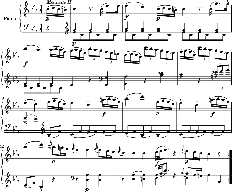 \version "2.18.2"
\header {
tagline = ##f
}
upper = \relative c' {
\clef treble
\key ees \major
\time 3/4
\tempo "Menuetto"
\tempo 4 = 130
%\autoBeamOff
\partial 4 bes'16 \p ^\markup{ \italic {Menuetto II } } (c bes a)
bes4 r8. bes16 (ees8.) ees16-!
ees4 \f (d) bes16 \p (c bes a)
bes4 r8. bes16 (g'8.) g16-!
bes4 \f (aes) aes16 (bes aes f)
g (aes g ees) \tuplet 3/2 {bes'8 aes g} \tuplet 3/2 {f ees des}
c16 (des c aes) \tuplet 3/2 {c'8 bes aes} \tuplet 3/2 {g f ees!}
f16 (g f c) \tuplet 3/2 {c'8 bes aes} \tuplet 3/2 {g f ees!}
ees4 (d) f16 (g f d)
ees4-! c-! a'16 \f (bes a f)
bes4 (d) f,16 \p (g f d)
ees4-! c-! a'16 \f (bes a f)
bes4 (d) \grace c16 (bes8) \p a16 g
\grace g8 (f4) f \grace g16 (f8) ees16 d
\grace d8 (c4) c c
d32 \f (ees f8.) r4 \grace f16 (ees8) \p d16 c
bes4 r \bar ":|."
}
lower = \relative c' {
\clef bass
\key ees \major
\time 3/4
\partial 4 r4
\clef treble
\set Staff.midiMinimumVolume = #0.2 \set Staff.midiMaximumVolume = #0.5
<<{\stemDown \repeat unfold 3 {ees8 bes} \repeat unfold 3 {f' bes,} \repeat unfold 3 {ees8 bes } \repeat unfold 3 {d bes}}
\\ {\stemUp g'4\p g g aes aes aes g g g f f f}>> ees4 r4
\clef bass <g,, g'> <aes aes'> r <bes' des>
<aes c> r <<{\stemDown a4 bes2} \\ {\stemUp \tuplet 3/2 {ees!8 f g} g4 ^(f)}>>
\clef treble bes,8 (f') c (f es f) ees (f)
d (f bes, f') bes, (f')
c (f ees f) ees (f)
d (f) bes,4-! r
\clef bass r <d, bes'>4 \p <d bes'>
r <ees bes'> (<e bes'>)
<<{ \stemDown f4 r f} \\ {\stemUp bes32 (c f8.) s4 \grace d16 (c8) bes16 a }>>
bes4 bes, \bar ":|."
}
\score {
\new PianoStaff <<
\set PianoStaff.instrumentName = #"Piano"
\new Staff = "upper" \upper
\new Staff = "lower" \lower
>>
\layout {
\context {
\Score
\remove "Metronome_mark_engraver"
}
}
\midi { }
}