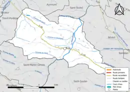 Carte en couleur présentant le réseau hydrographique de la commune