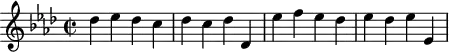 
\header {
  tagline = ##f
}

\score {
  \new Staff \with {

  }
<<
  \relative c'' {
    \key aes \major
    \time 2/2
    \tempo 2 = 86
    \override TupletBracket #'bracket-visibility = ##f 
    %\autoBeamOff
    \set Staff.midiInstrument = #"string ensemble 1"

     %%%%%%%%%%%%%%%%%%%%%%%%%% AB 3-4 th3
     des4 ees des c des c des des, ees' f ees des ees des ees ees,

  }
>>
  \layout {
    \context { \Score \remove "Metronome_mark_engraver"
    }
  }
  \midi {}
}
