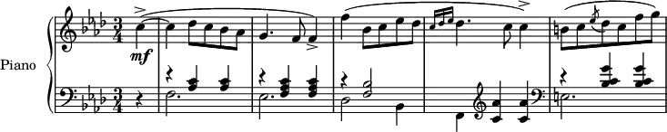 
\version "2.14.2"
\header {
  tagline = ##f
}
upper = \relative c'' {
  \clef treble 
  \key aes \major
  \time 3/4
  \tempo 4 = 114
  \tempo "Vivace"
  %\autoBeamOff

   \partial 4
   c4~->(\mf c des8 c bes aes g4. f8 f4->) f'( bes,8 c ees des \grace { c16[ des ees] } des4. c8 c4->)
   b!8( c \acciaccatura ees8 des c f g)
}

lower = \relative c' {
  \clef bass
  \key aes \major
  \time 3/4
   
   \partial 4 r4 
   << { r4 \repeat unfold 2 { < c aes >4} r4 \repeat unfold 2 { < c aes f >4} r4 < bes f >2 } \\ { f2. ees des2 bes4 f } >>
   \clef treble \repeat unfold 2 { < aes'' c, >4}
     \clef bass
   << { r4 \repeat unfold 2 { < g c, bes >4}  } \\ { e,!2. } >>

} 

\score {
  \new PianoStaff <<
    \set PianoStaff.instrumentName = #"Piano"
    \new Staff = "upper" \upper
    \new Staff = "lower" \lower
  >>
  \layout {
    \context {
      \Score
      \remove "Metronome_mark_engraver"
    }
  }
  \midi { }
}
