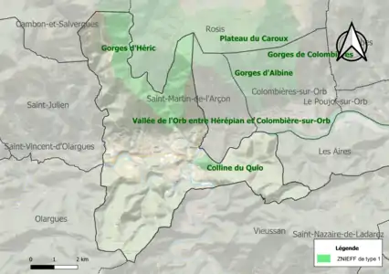 Carte des ZNIEFF de type 1 sur la commune.