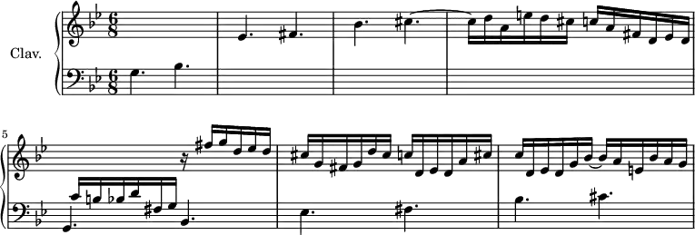 
\version "2.18.2"
\header {
  tagline = ##f
}

temaCrossK   = { \change Staff = "lower" g,4. bes \change Staff = "upper" ees fis bes cis~ }
temaCr       = { g,4. bes ees fis bes  cis }

upper = \relative c'' {
  \clef treble 
  \key g \minor
  \time 6/8
  \tempo 4. = 58
  \set Staff.midiInstrument = #"acoustic grand"

    \temaCrossK cis16 d a e' d cis c a fis d ees d 
    % ms. 5
    \stemUp \change Staff = "lower" c16 b bes d fis, g \change Staff = "upper" r16 fis''16 g d ees d | cis g fis g d' cis c d, ees d a' cis~ |
    % m. 7
    c16 d, ees d g bes~ bes a e bes' a g

}

lower = \relative c' {
  \clef bass
  \key g \minor
  \time 6/8
  \set Staff.midiInstrument = #"acoustic grand"

    % *****************************
    s2.*4 \temaCr

} 

thePianoStaff = \new PianoStaff <<
    \set PianoStaff.instrumentName = #"Clav."
    \new Staff = "upper" \upper
    \new Staff = "lower" \lower
  >>

\score {
  \keepWithTag #'print \thePianoStaff
  \layout {
      #(layout-set-staff-size 17)
    \context {
      \Score
     \override SpacingSpanner.common-shortest-duration = #(ly:make-moment 1/2)
      \remove "Metronome_mark_engraver"
    }
  }
}

\score {
  \keepWithTag #'midi \thePianoStaff
  \midi { }
}
