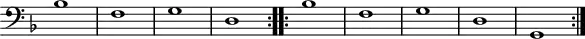 
\version "2.14.2"
\header {
  tagline = ##f
}

\score {
  \new Staff \with {
    \remove "Time_signature_engraver"

  }
<<
  \relative c' {
    \key f \major
    \clef bass
    \time 2/2
    \tempo 2 = 120
    \override TupletBracket #'bracket-visibility = ##f 
    \autoBeamOff
    \set Staff.midiInstrument = #"harpsichord"

     %%%%%%%%%%%%%%%%%%%%%%%%%% Romanesca
\repeat volta 2 {
     bes1 f g d
}
\repeat volta 2 {
     bes'1 f g d g,
}

  }
>>
  \layout {
    \context { \Score \remove "Metronome_mark_engraver" }
    \context {
      \remove "Metronome_mark_engraver"
    }
  }
  \midi {}
}
