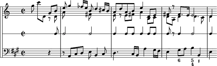 
\version "2.18.2"
\header {
  tagline = ##f
}

\score {

 \new StaffGroup <<
\set StaffGroup.systemStartDelimiter = #'SystemStartSquare
    \new Staff {
      \relative c'' {
      % \key c \major
      \time 2/2
      \tempo 2 = 62
      \autoBeamOff
      \clef treble
      \set Score.currentBarNumber = #15
      \override Rest #'style = #'classical
    \set Staff.keySignature = #`(((0 . 10) . ,FLAT)
                                ((0 . 3) . ,SHARP)
                                ((0 . 7) . ,SHARP))

   % Violon
   \partial 2. s8 g'8 c[ d,,]  
   << { g8 b } \\ { r8 d, } >>
   << { e'8 g4 fes16 e b8 d4 cis16 b } \\ { a8 s4 s8 fis8 } >>
   << { a8 d a b e4 d,8 e } \\ { e8 r8 e8 fis a4 b,8 c } >>
   << { fis8 r8 fis8. e16 e2 } \\ { d8 a d4 d4. c8 } >>
   << { d4 } \\ { d4 } >>
    }
}

    % Rythme
    \new RhythmicStaff  {
        s2 s8 c8 c2 c2 c4 c8 c8 c4 c8 c c r8 c4 c2 c4
      }

    % Continuo
    \new Staff {
  <<
      \key a \major

    \new Voice { \clef bass s2 r4 r8 a,8 cis d e b,4 cis8 | d4. cis16 b, s8 a4 gis16 fis | e4 gis8 a b4 b, | e }
    \new FiguredBass {
      \figuremode {
      s1 s1 s2 s2 < 6 >4 < 5 4 >4 < _+ >4
      }
    }
  >>
    }
 >>
  \layout {
    \context {
      \Score
      \remove "Metronome_mark_engraver"
    }
  }
  \midi {}
}
